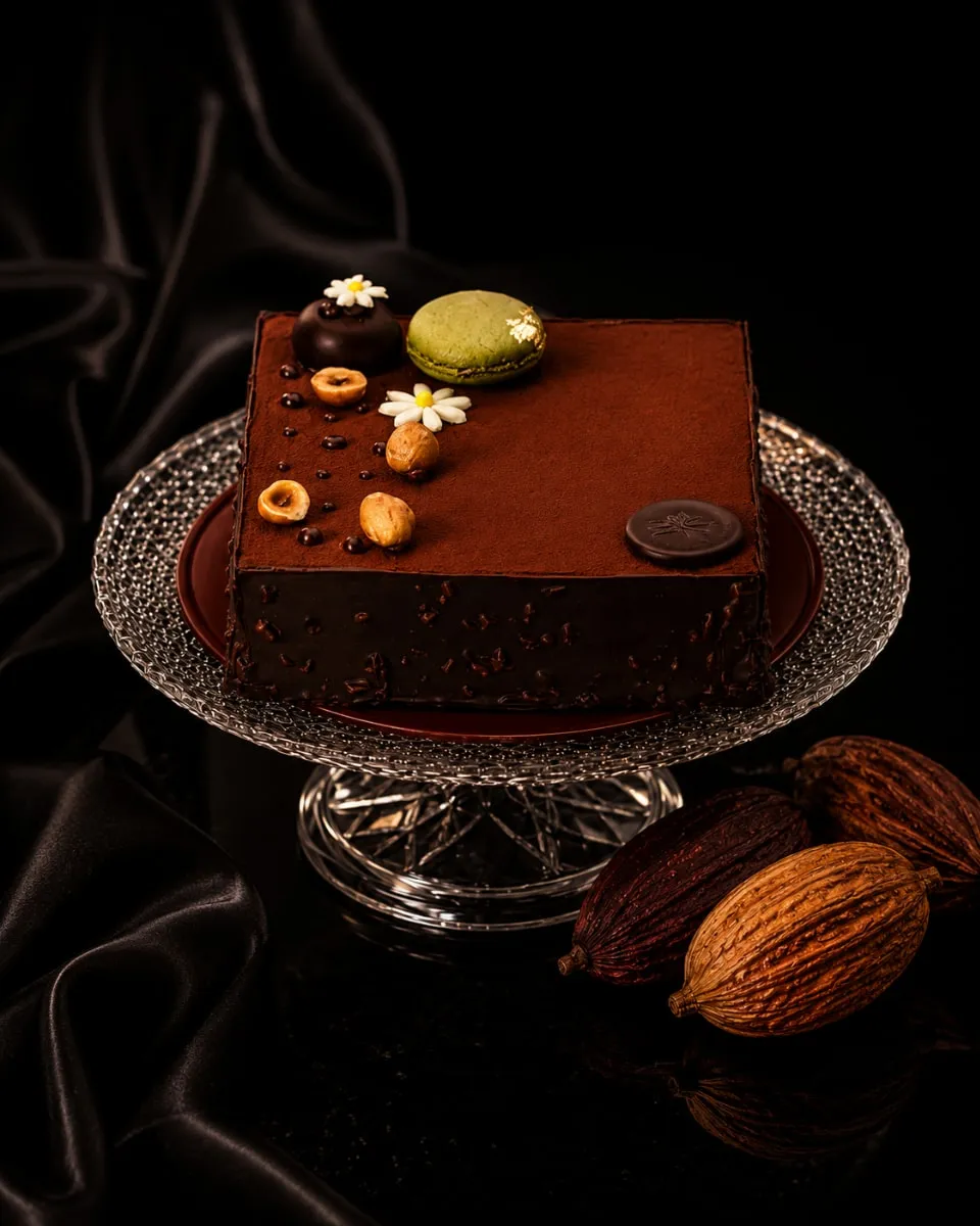 Dark chocolate cake from Laurent Bernard chocolatier on a black background and crystal cake stand.