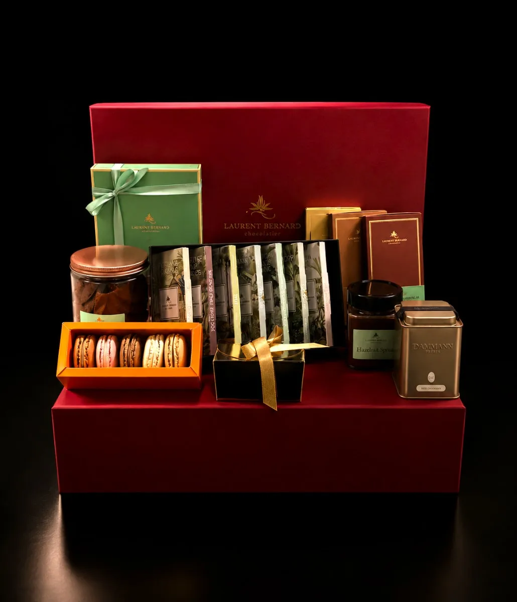 Laurent Bernard luxury chocolate gift hamper with macarons, chocolate bars, tea and gourmet treats in Singapore.
