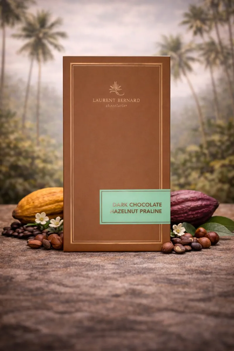 Luxury Laurent Bernard dark hazelnut chocolate bar styled with cocoa pods and tropical palms, evoking origin and craftsmanship. Delivery in Singapore