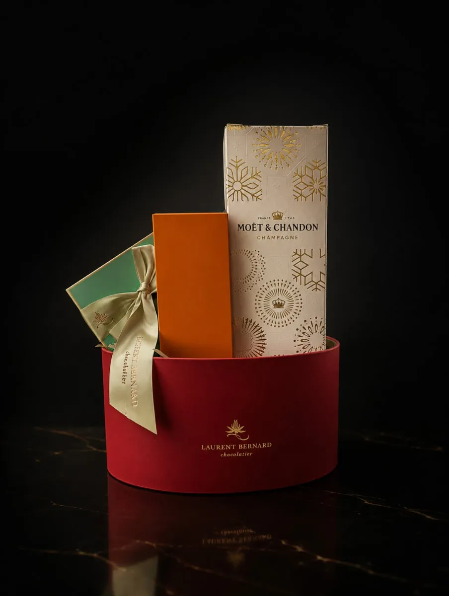 Luxury champagne and chocolate gift hamper by Laurent Bernard Chocolatier with Moët & Chandon, premium corporate gift delivery Singapore.
