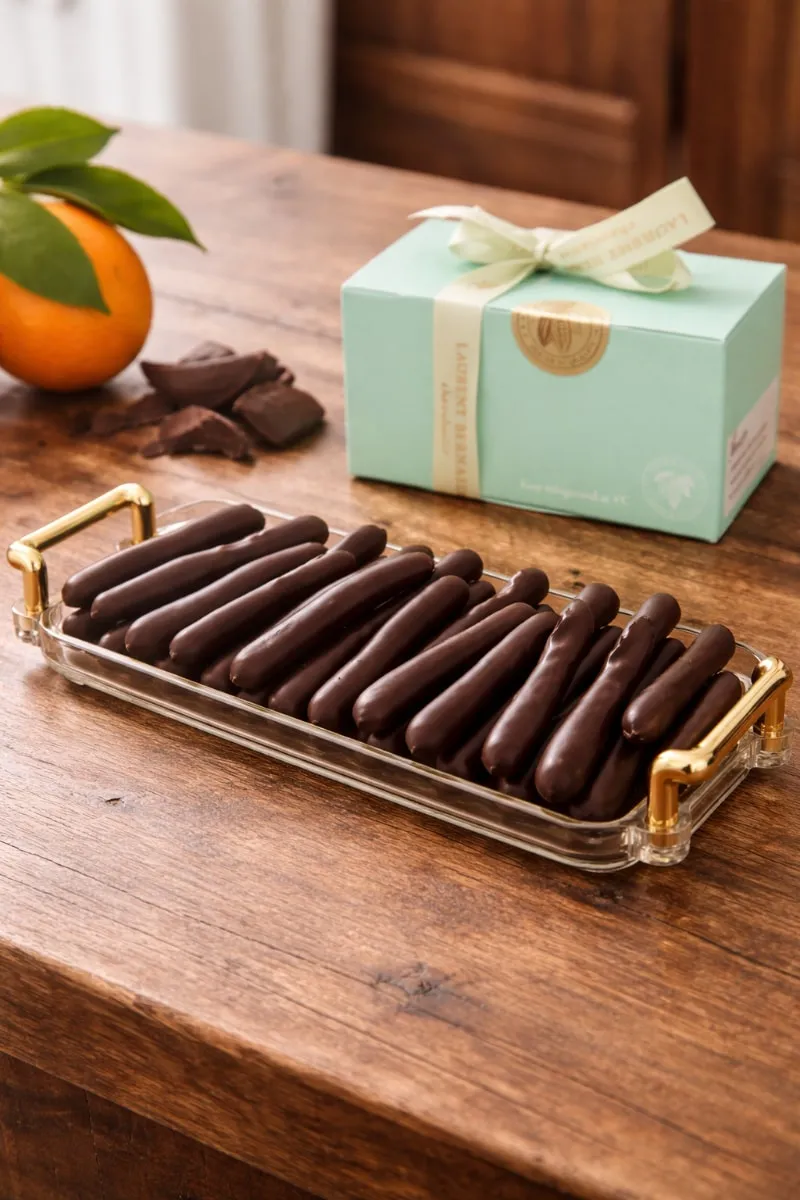 Best chocolate orangette Singapore by Laurent Bernard Chocolatier, fully covered dark chocolate orangette displayed on wooden table with signature green gift box