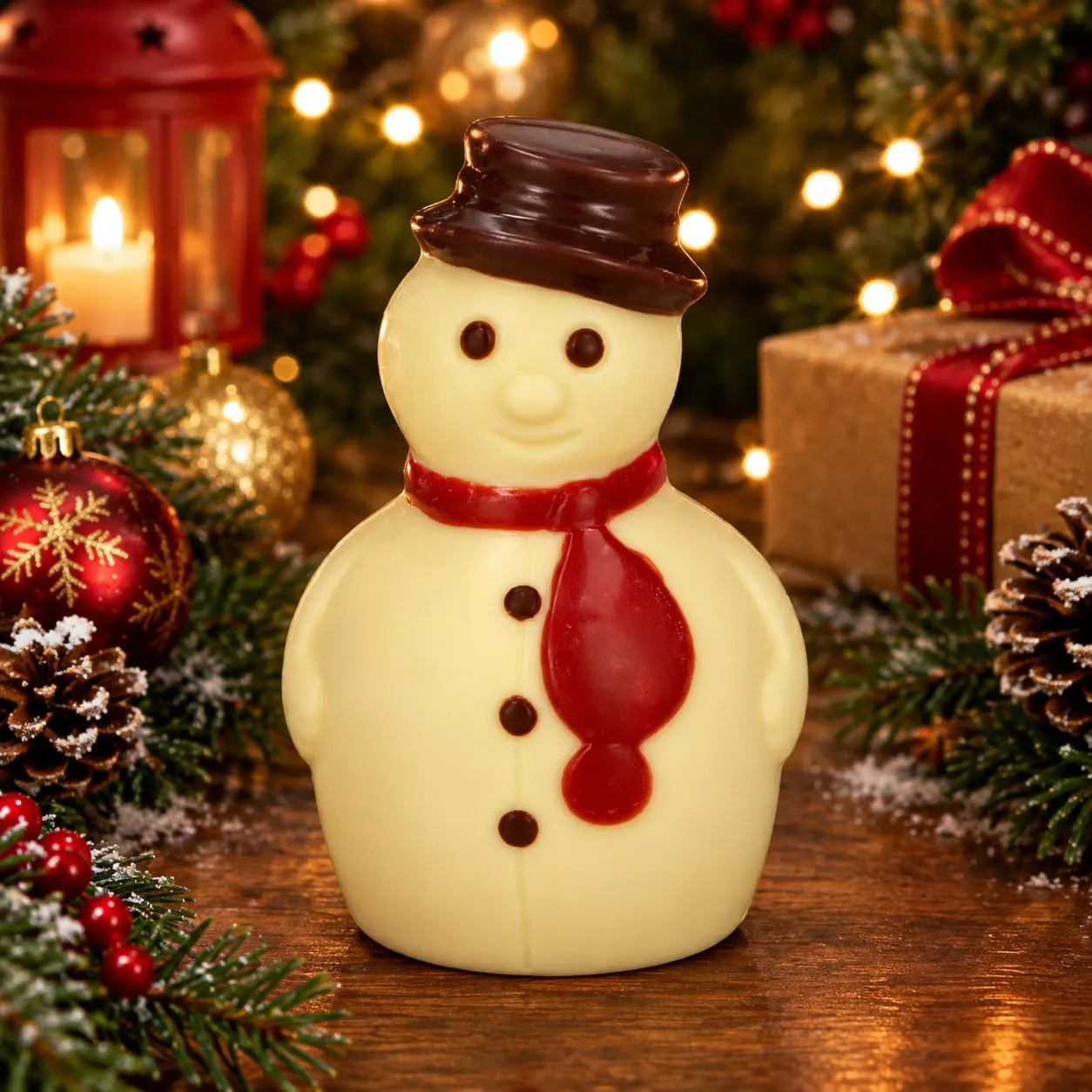 Christmas snowman with dark chocolate top hat and red scarf, by Laurent Bernard Chocolatier.
