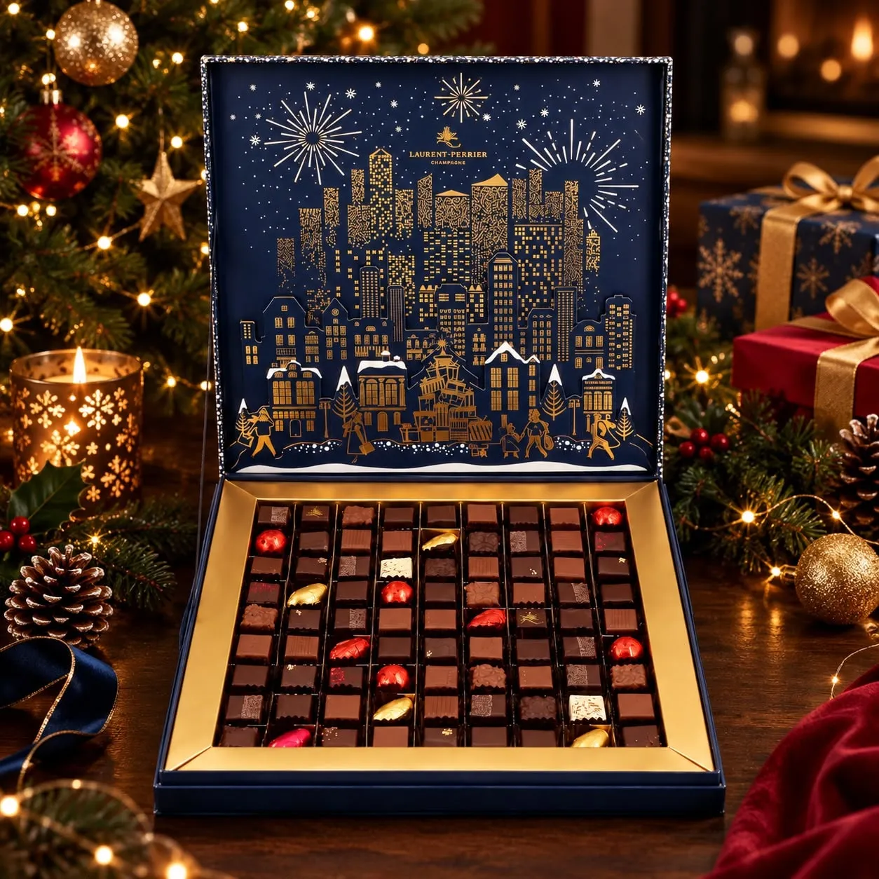 Luxury box of assorted chocolates with a navy and gold Christmas city skyline lid, by Laurent Bernard Chocolatier