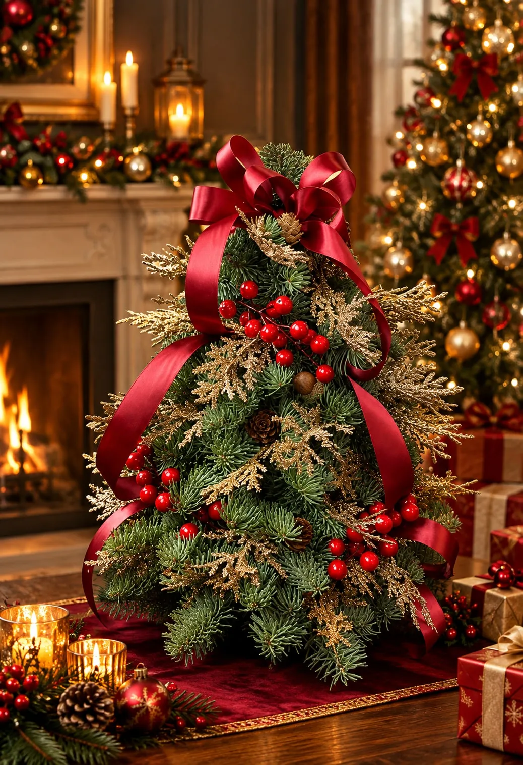 Burgundy Christmas Tree Tabletop of fresh Nobilis fir with red Ilex berries, gold sprigs and burgundy satin ribbon.