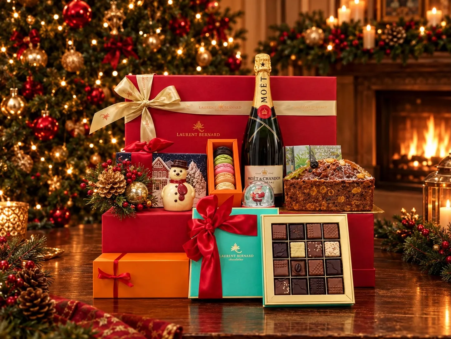 Laurent Bernard Christmas champagne hamper with Moët & Chandon, chocolates, macarons, fruitcake and snowman.