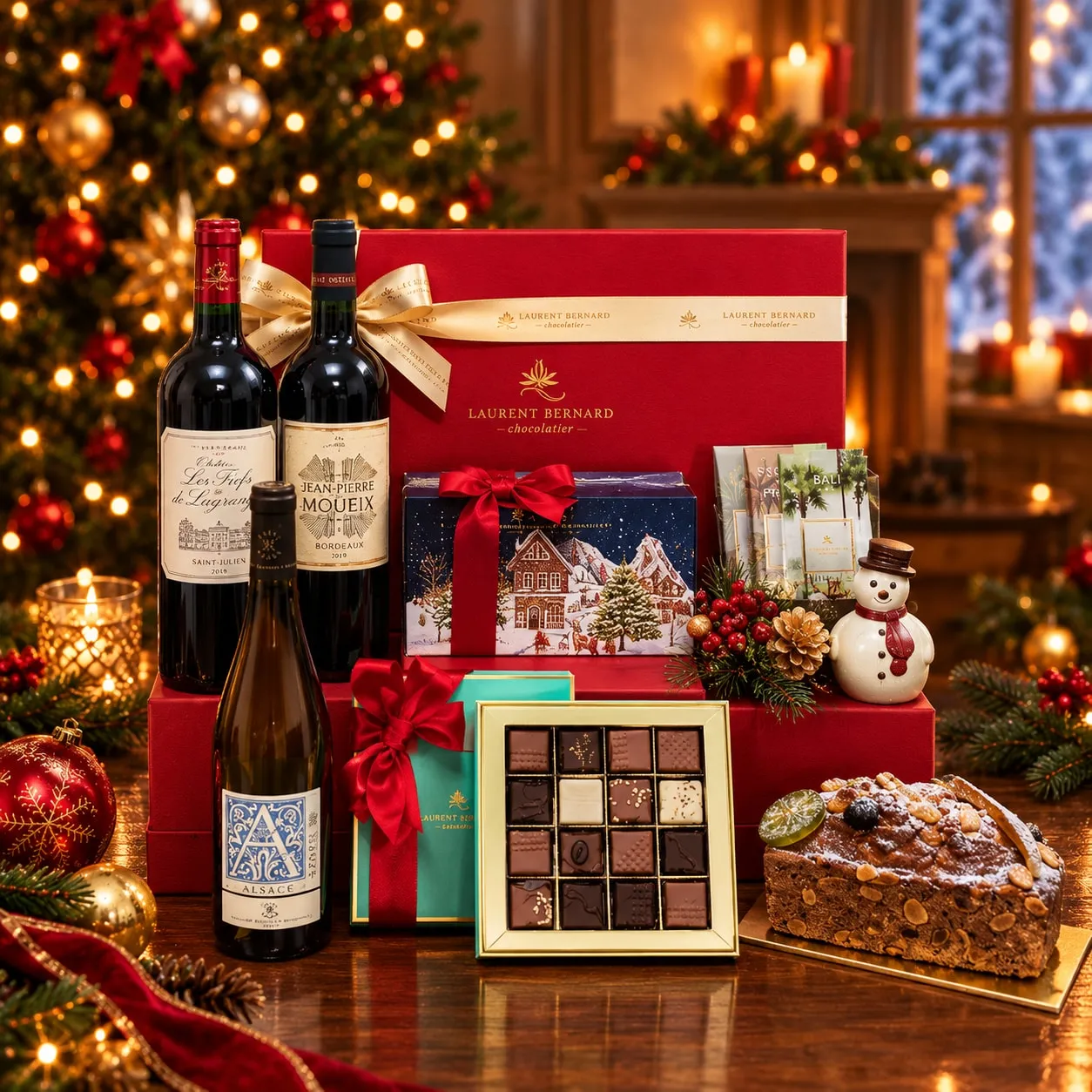 Laurent Bernard Christmas wine hamper with Bordeaux and Alsace wines, chocolates, fruitcake and snowman.