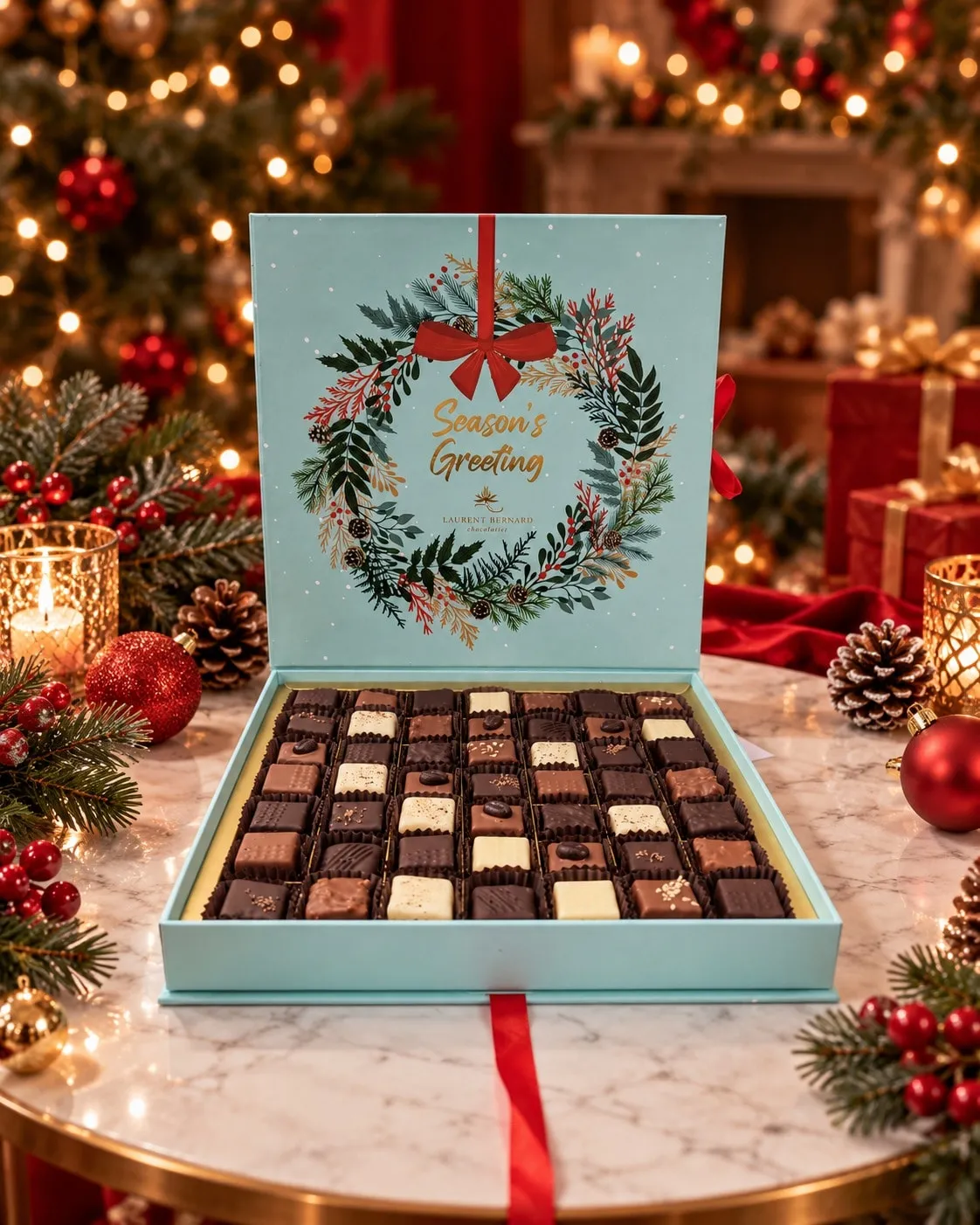 Laurent Bernard Christmas chocolate gift box with 49 assorted chocolates and a festive wreath design lid.