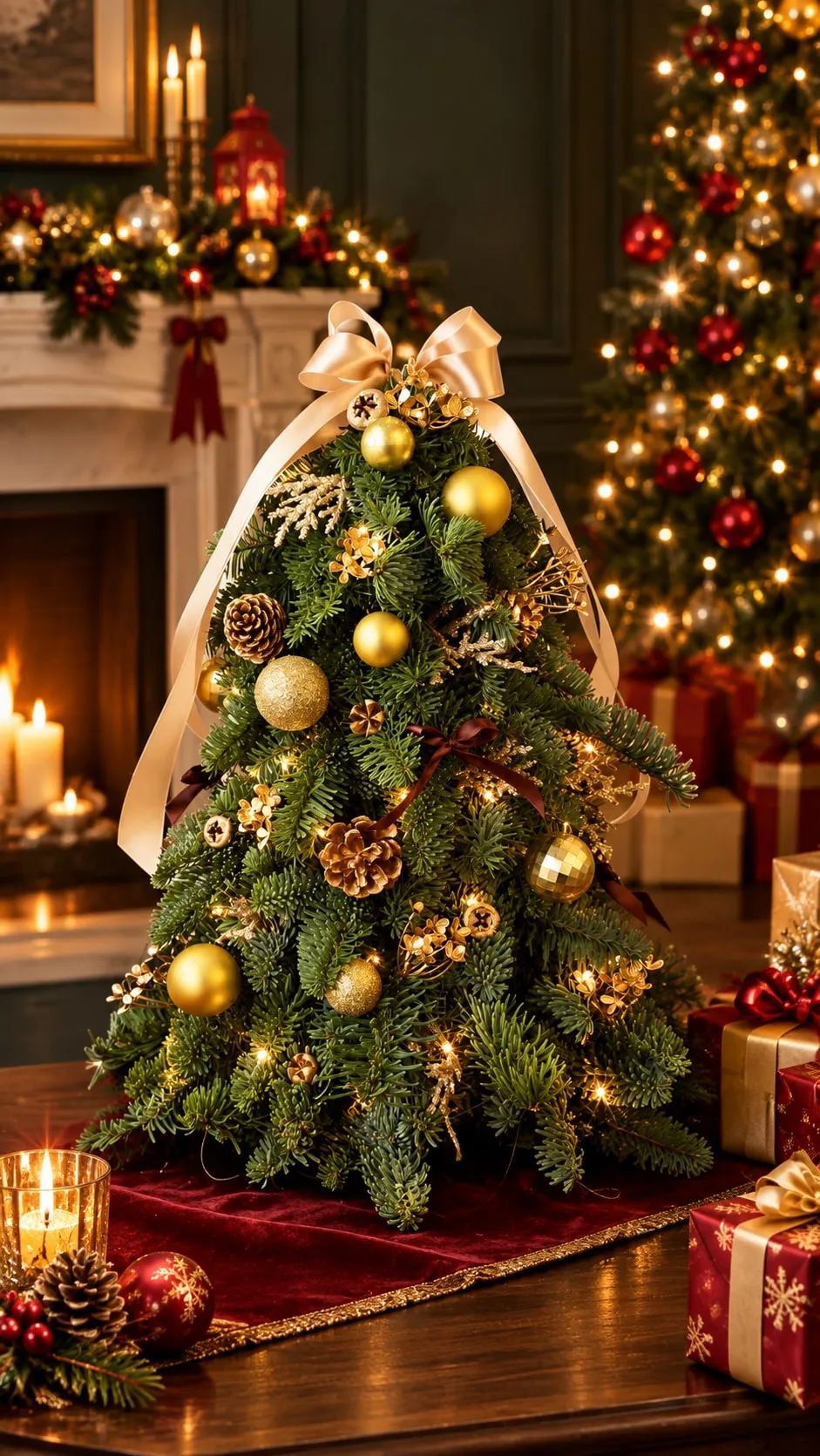 Golden Christmas Tree Tabletop: 30 cm fresh Nobilis fir with gold baubles, pinecones, champagne bow