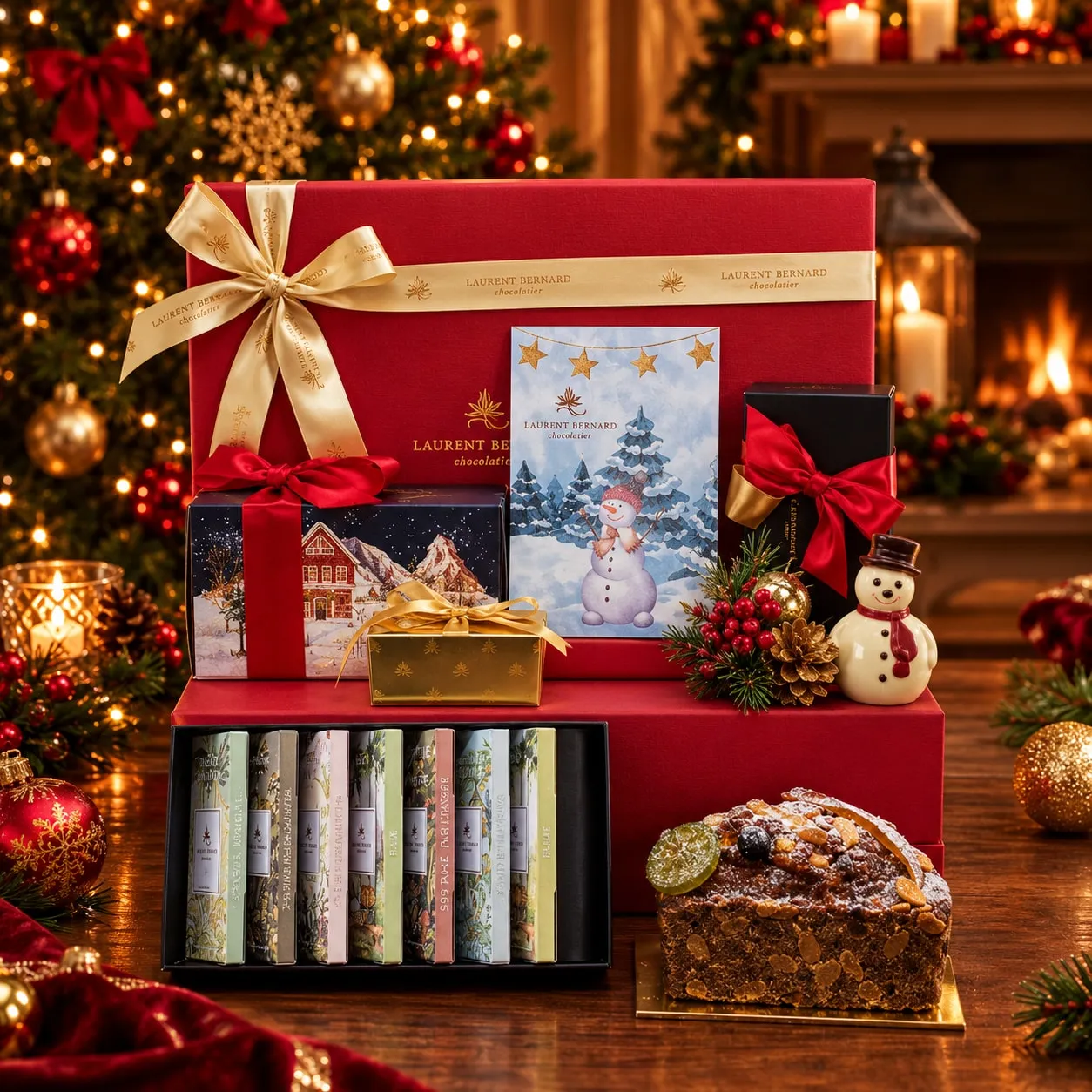 Laurent Bernard Christmas hamper with chocolate bar tasting set, fruitcake, white chocolate snowman and gift boxes.