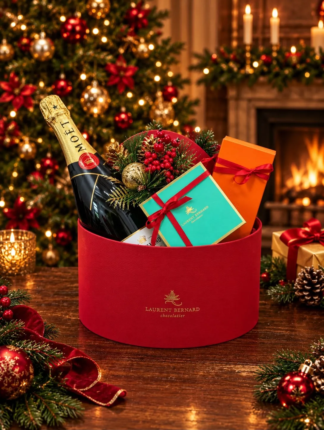 Laurent Bernard champagne and chocolate gift hamper with Moët & Chandon and chocolate boxes in a red keepsake box.